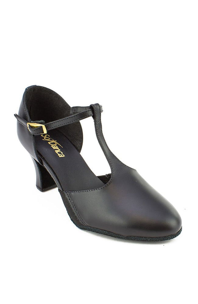 So Danca CH57 Black T-Strap Character Shoes with Suede Sole and Snap-on Buckle