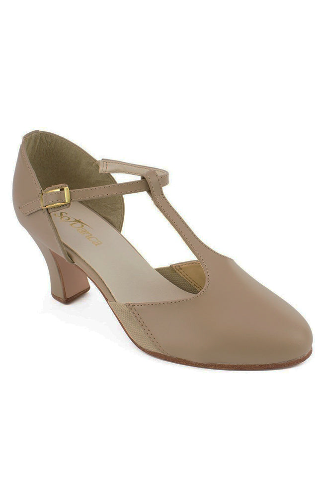 So Danca CH57 Taupe T-Strap Character Shoes with Suede Sole and Snap-on Buckle